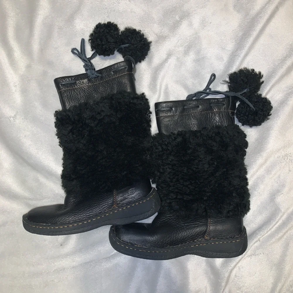 Born leather Cozy Black shearling tall Boots with Pom Poms size 13
